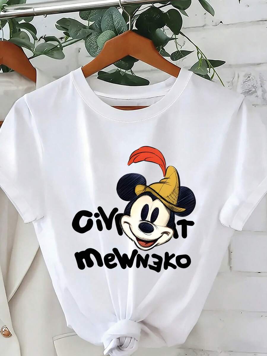 Loose Fit Mickey Mouse Companion Disney Castle Balloon Printed T-Shirt, Suitable For Summer And Spring, Short Sleeved Top, Women's Clothing, Holiday Gift Party Clothing. - White - View 1
