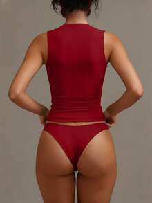 XLLAIS 圆领无袖纯色打底衫，双层弹力修身T恤，休闲夏季款 - 紅色 - 查看 4