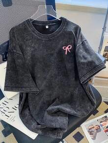 Women Vintage Washed Tee, 230G Thick Oversized Crew Neck Short Sleeve, Retro Street Loose Fit Casual Top For Spring Summer Machine Washable Daily Wear - 黑色 - 查看 1