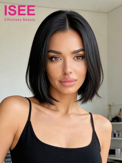 ISEE 真人发假发，无需胶水即可佩戴，升级版直发自然色，未经加工的真人发丝，自然发际线，7*5高清蕾丝假发，预先拔毛和修剪蕾丝，10-14英寸波波头，180%高密度，丝滑自然发际线，日常佩戴，适合初学者，魅力优雅休闲时尚，学生用品，美发礼品，女士配饰，女士节日服装，运动度假旅行节日户外活动，轻松打造周末氛围，情人节蕾丝假发，真人发假发，无胶假发