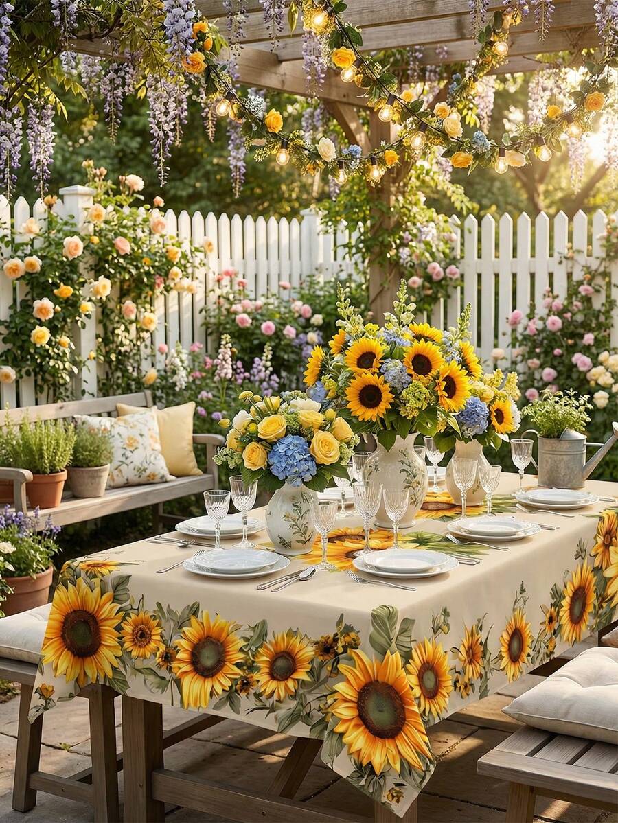 1pc Polyester Sunflower & Leaf Pattern Tablecloth, Vibrant Watercolor Style, Waterproof & Stain-Resistant, Rectangular Table Cover With Sunflower & Floral Decor, Foldable Protective Table Decor, Suitable For Summer Home Decor, Garden Party, Brunch, Dining Table, Patio, Picnic, Indoor & Outdoor Activities - 001 - View 1