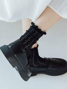 Calcetines de verano con volantes transpirables para mujer - Calcetines de punto ligeros para un aspecto dulce - Blanco y Negro - Ver 14