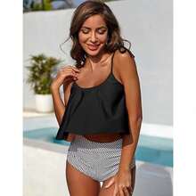 Ladies' Tankini Two-Piece Swimsuit High-Waisted Bikini Set With Tummy Control Bottoms And Ruffle Strap Tank Top - Black+Stripes - View 3