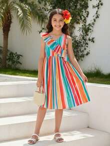 少女彩虹条纹V领荷叶边下摆甜美公主风休闲连衣裙，春夏款 - 彩色 - 查看 1