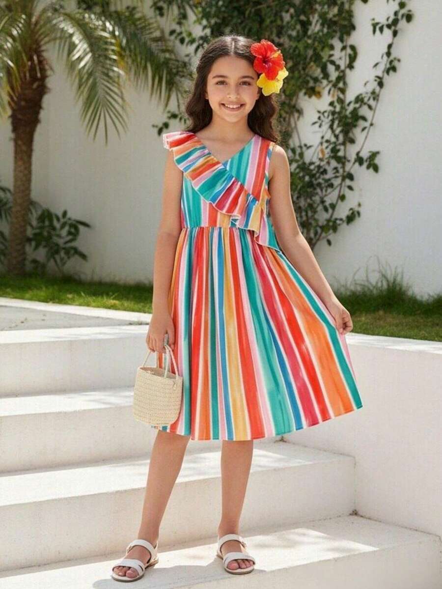 少女彩虹条纹V领荷叶边下摆甜美公主风休闲连衣裙，春夏款 - 彩色 - 查看 1