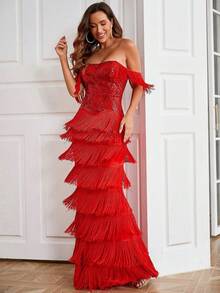 LOVE&LEMONADE Sexy Red Off-Shoulder Sequin Tassel Patchwork Long Evening Gown - Red - View 3