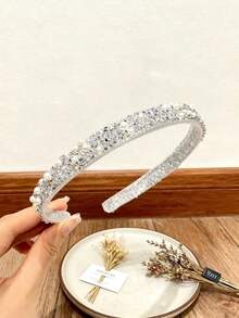 1pc Sparkling Gold Headpiece, Chain Hair Hoop, Sweet & Versatile For Going Out, Birthday, Bangs Styling, Elegant Resin Rhinestone Hair Accessory, Valentine's Day Gift, Birthday Gift - White Pearls - View 3