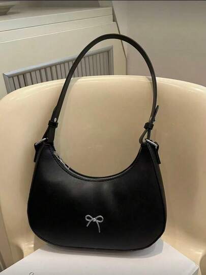 Solid Color Retro Simple Bow Decoration Crescent Shoulder Bag, Suitable For Shopping, Wallets, Shopping, Young Women, College Students, Newcomers, White-Collar Workers. They Are Very Suitable For Offices, Universities, Work, Business, Commuting, Outdoor Activities, Travel, And Outings, Fashionable Bow Purse For Women , Old Money
