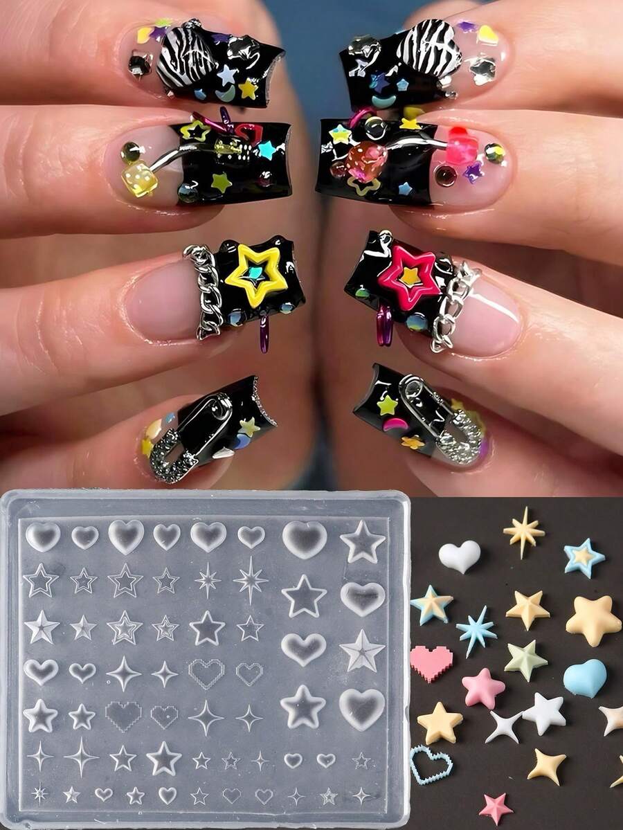 1件 Y2K 星空夏季美甲硅胶模具 3D 迷你心形星爆弧形模具模板 凝胶印花沙龙 DIY 音乐节派对婚礼美甲用品 可重复使用美甲印花工具 - 無色 - 查看 1