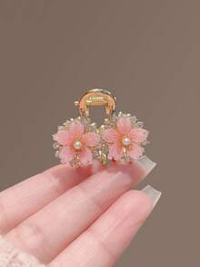 1pc Cute Pink Sakura Rhinestone Pearl Metal Hair Clip, Suitable For Daily Wear - Pink - View 4