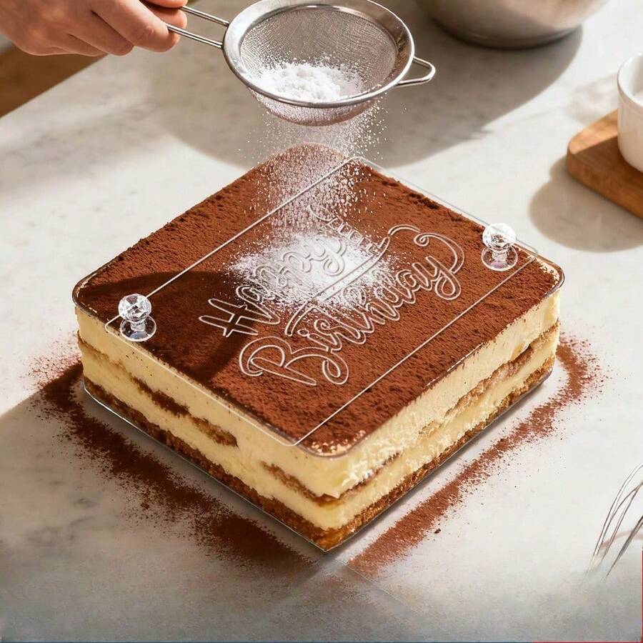 1个亚克力提拉米苏粉模，烘焙蛋糕透明镂空模板，饼干蛋糕甜点提拉米苏装饰图案模具，适用于婚礼、生日派对、促销庆典、节日活动、糖粉筛，餐厅烘焙工具