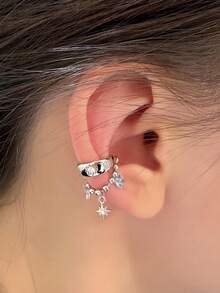 1pc 316L Stainless Steel Star & Cubic Zirconia Dangle Helix Earring, Y2K Punk Style Cartilage Piercing Jewelry For Women - Silver - View 5