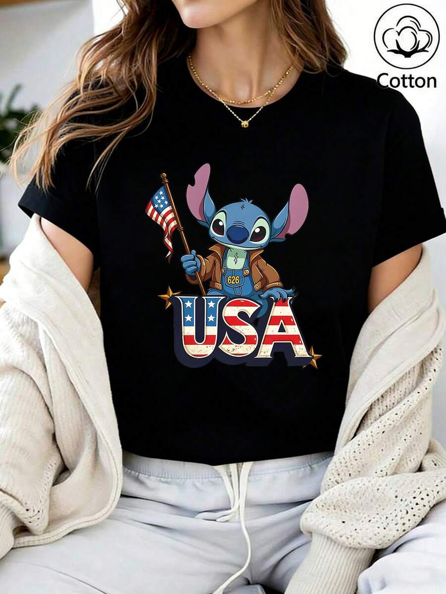 Disney USA Stitch Oversized T-Shirt: White Loose Fit Cotton Tee With Retro Patriotic Graphic, Perfect For Lilo & Stitch Fans, Theme Park Visits And Casual Wear, Ideal Gift - màu đen - Xem 1