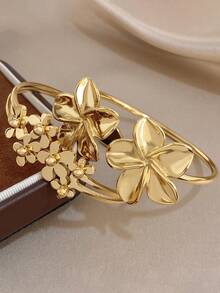 18K Gold Plated Stainless Steel Vintage Elegant Flower Open Bangle Bracelet Set, Women's Bangles, For Women Ladies, Gifts For Mom, For Daily Wear, Weddings, Gala, Suitable For Daily Life, Parties, Dates, Beach, Mother's Day Gift, Valentine's Day Gifts, Spring, Wedding Supplies, Summer Accessories - Multicolor - View 2