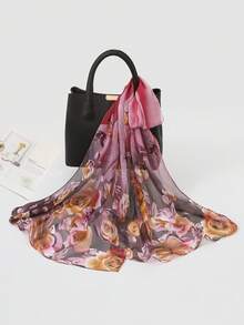 1pc Women's Printed Chiffon Lightweight Scarf, Fashionable Elegant Decorative Shawl Wrap For Travel, Photo Shoot - Grey - View 7