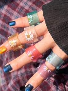 6pcs Summer Daisy Transparent Resin Rings, Fresh Girl Style Stackable Finger Rings - Multicolor - View 3