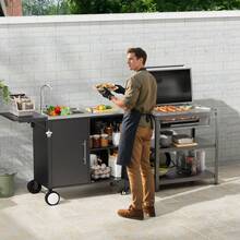 Outdoor Grill Table With Sink Metal Worktable Kitchen Cabinet Island With Foldable Top And Storage Cabinet Rolling Grill Cart With Wheels For Garden Backyard And Lawn - Black1 - View 8