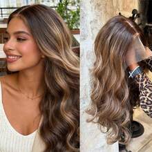 Peluca sintética de onda corporal larga y natural con parte libre, degradado de marrón a rubio, de alta calidad, sin pegamento, para piel blanca - Multicolor - Ver 6