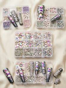 1 Box 12-Grid Flatback Glass Rhinestone Set, 12 Assorted Sizes & Shapes Mixed Round & Faceted Gems, Multi-Style Nail Art DIY Decor Jewelry Kit - Multicolor - View 2