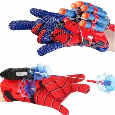 英雄蛛网发射器手套 - 带吸盘的软式飞镖发射器，趣味角色扮演玩具礼物，红蓝配色