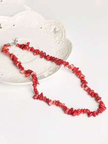 1pc Asymmetrical Red Stone Necklace, Brightening, Beach, Fashion Necklace For Women - Multicolor - View 3