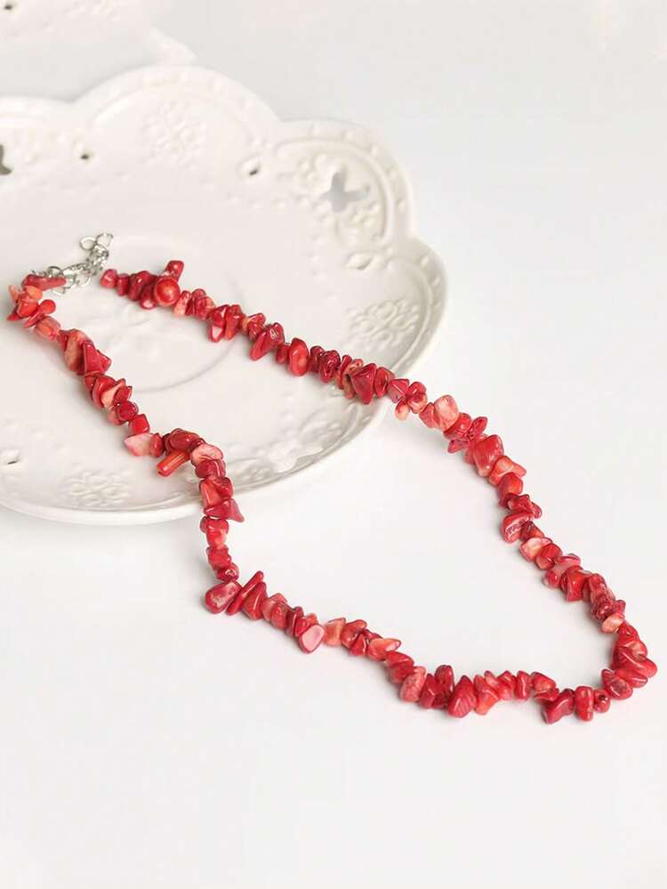 1pc Asymmetrical Red Stone Necklace, Brightening, Beach, Fashion Necklace For Women - Multicolor - View 2