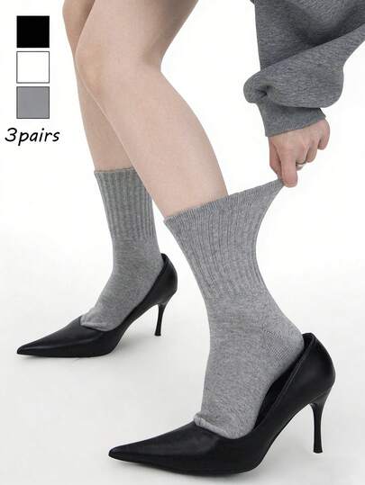 3双装女士加厚针织中筒袜，可爱学院风中等厚度短袜，适合日常休闲穿着，春秋季节适用