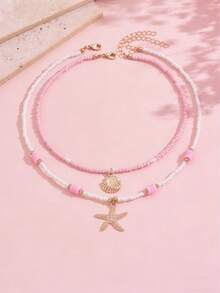 2件套女孩夏季可爱沙滩风贝壳海星合金吊坠项链套装，双层串珠，适合海滩度假，串珠位置随机 - 粉色 - 查看 3