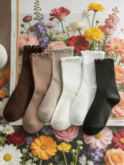 10双装女士白色荷叶边休闲中筒袜，女士休闲船袜，简约舒适透气运动袜，篮球袜，足球袜，黑色袜子，白色袜子，情侣袜，吸湿排汗，抗菌，防臭，适合商务休闲、户外运动、跑步、学院风、秋季穿着