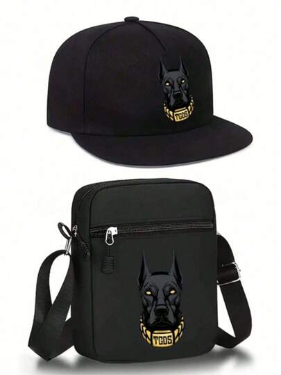 1pc/2pcs Cool Dog Graphic Design Print Unisex Baseball Cap And Crossbody Bag Set, Street Fashion Outdoor Sports Adjustable Flat Brim Cap And Shoulder Bag, Gift For Yourself Or Friends