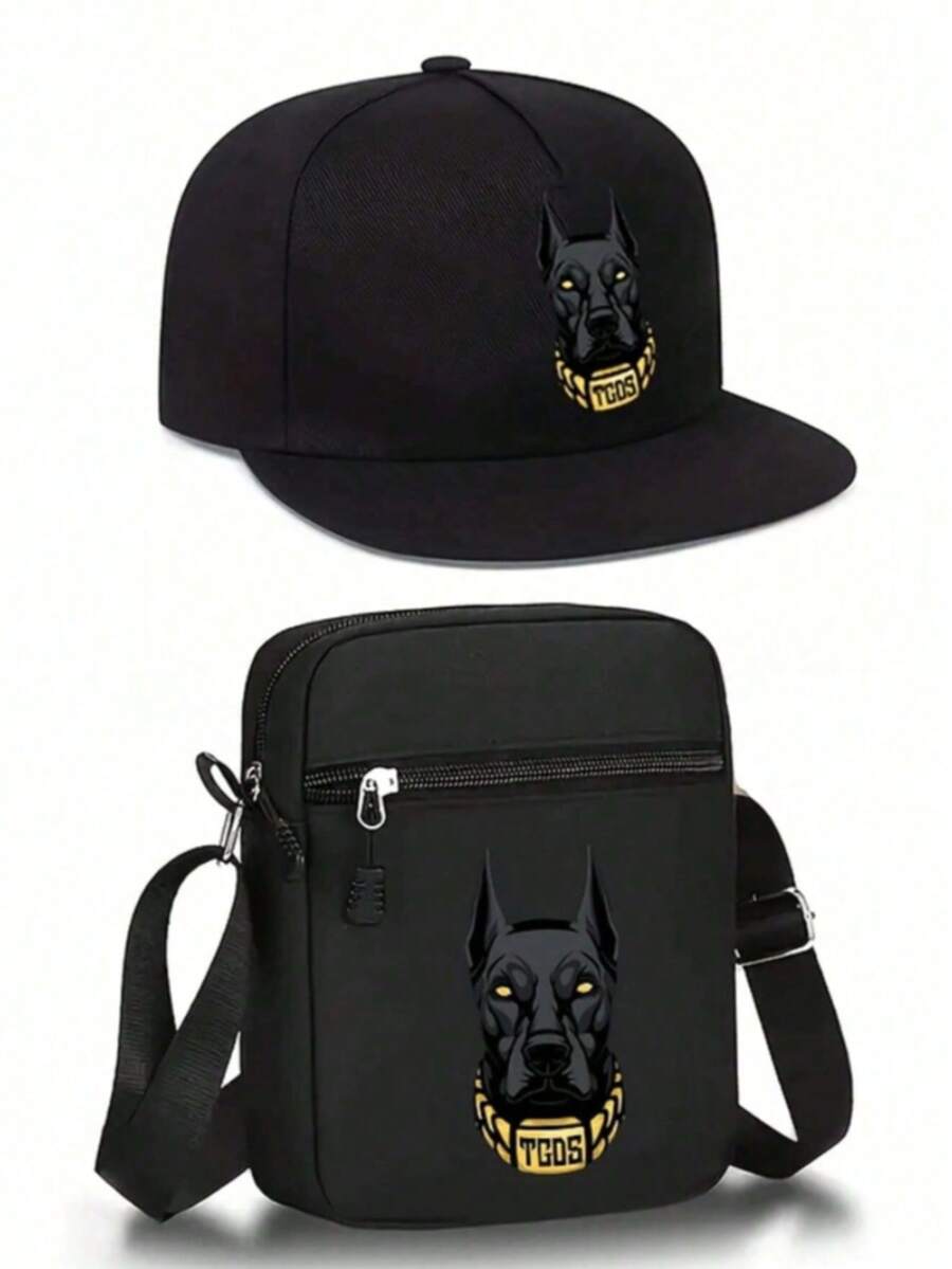 Zestaw 1/2 czapek baseballowych i torby crossbody z nadrukiem Cool Dog, czapka z regulowanym płaskim daszkiem i torba na ramię, modna na świeżym powietrzu, sportowa, uliczna, prezent dla siebie lub znajomych - Wielokolorowe - Zobacz 1