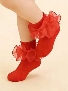 1双女童/幼儿公主荷叶边袜，红色 - 紅色 - 查看 3