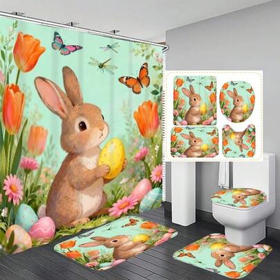 Bộ 1/4 rèm tắm chủ đề Thỏ Phục Sinh, Trứng, Hoa Tulip, Quà tặng tân gia rèm tắm trang nhã, Rèm trang trí phòng tắm hiện đại kèm 12 móc, Thảm chống trượt, Thảm chữ U cho bồn cầu, Tấm phủ nắp bồn cầu, Bộ phụ kiện phòng tắm trang trí mùa xuân.