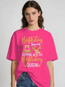 Plue Size Women'S Stylish With Birthday Squad Shoes Stepping With The Birthday Queen   Pattern Print  Comfortable Round Neck Short Sleeve T-Shirt, 2026 Summer, Short-Sleeved, Printed, Vintage Style, Crew Neck, Slight Stretch Fabric, Regular Fit - 玫紅色 - 查看 1