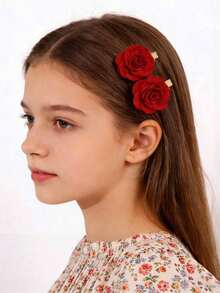 10pcs Girl'S Red Fabric Rose Hair Clips Suitable For Valentine'S Day, Parties, Gatherings, Weddings, And Everyday Wear - Multicolor - View 2