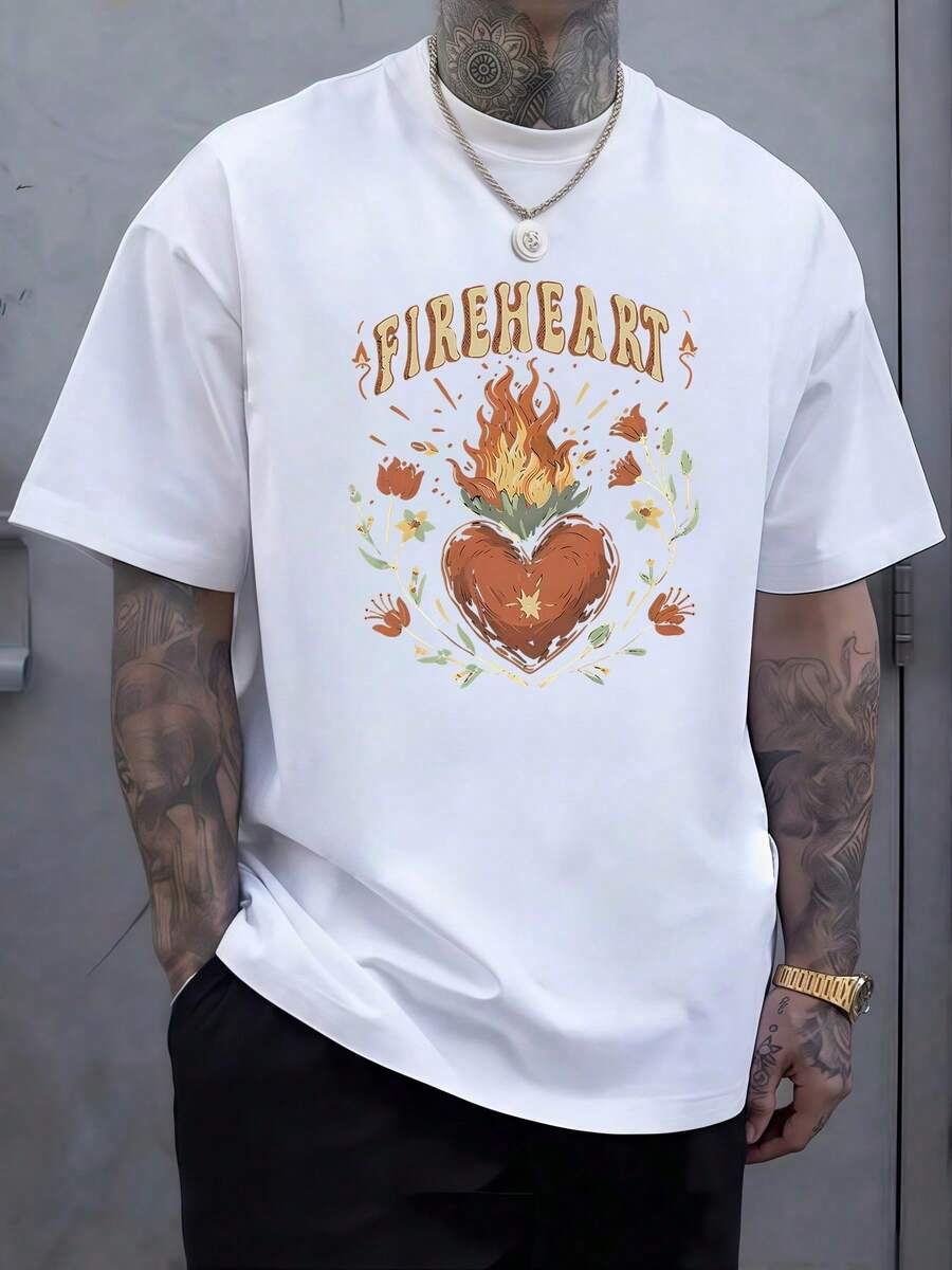 Corazón ardiente rodeado de llamas y flores simboliza la pasión intensa la fuerza interior y la energía que impulsa los sueños representando el fuego que nunca se apaga dentro del alma camiseta de hombre moderna cómoda para uso diario y expresión personal - Blanco - Ver 1