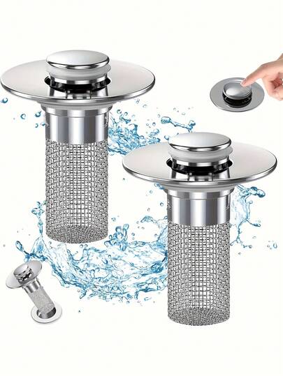 Stainless Steel Pop-Up Sink Drain Filter With Removable Basket - Fits Bathtub/Shower Drain Cover, Hair Catcher To Prevent Clogging, Easy Snap-In Stopper Replacement, For Clearing Clogs (No Chemicals/Easy To Clean)