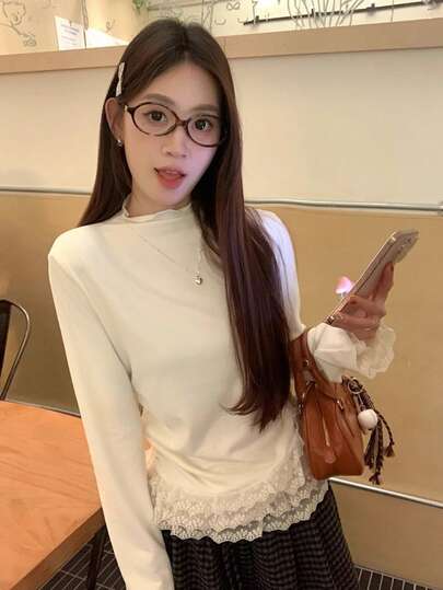 新款韩版女式蕾丝拼接高领T恤，春夏设计抽绳打底衫