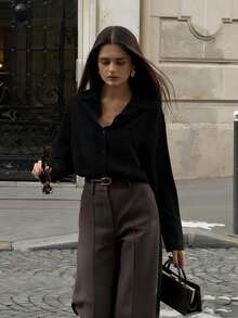 女士休闲宽松优雅通勤简约柔软时尚POLO领长袖衬衫，适合通勤、工作、居家等各种场合，四季皆宜，黑色春季款 - 黑色 - 查看 2