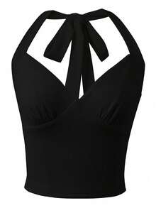 女士夏季性感低胸V领露脐修身吊带露背上衣，黑色 - 黑色 - 查看 6