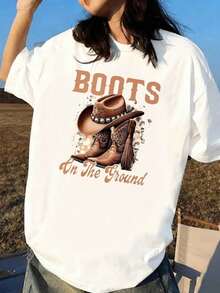 Women's Summer With Western Cowboy Boots And Hat Graphic Print Round Neck Short Sleeve Simple Casual Everyday Plus Size T-Shirt Tops - Blanco - Ver 1