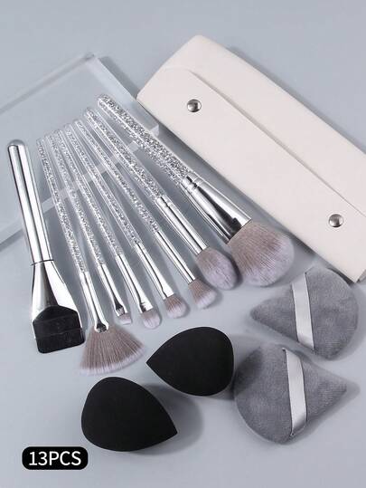13PCS Rhinestone Decoration Makeup Brush Set[Silver/Pink]Makeup Tools,Complete Makeup Set With Storage Bag,Portable Multifunctional Makeup Brush Cosmetic Makeup Tool For Beginner,Makeup Brush Gift Set,As A Gift,Household Use