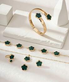 1 Set Jewelry For Women Includes 1 Necklace With Clover Pendant, 1 Bracelet, 1 Pair Of Earrings, 1 Ring, 1 Bangle - 綠色 - 查看 10