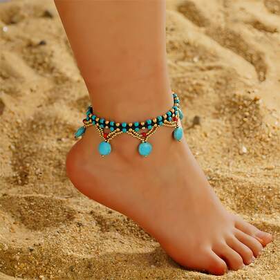 1 chiếc vòng chân mặt dây chuyền hình đĩa màu ngọc lam kiểu Bohemian, dây bện bằng sáp, vòng chân thời trang phù hợp để đeo hàng ngày, dự tiệc và đi nghỉ mát, món quà tuyệt vời cho bạn bè.