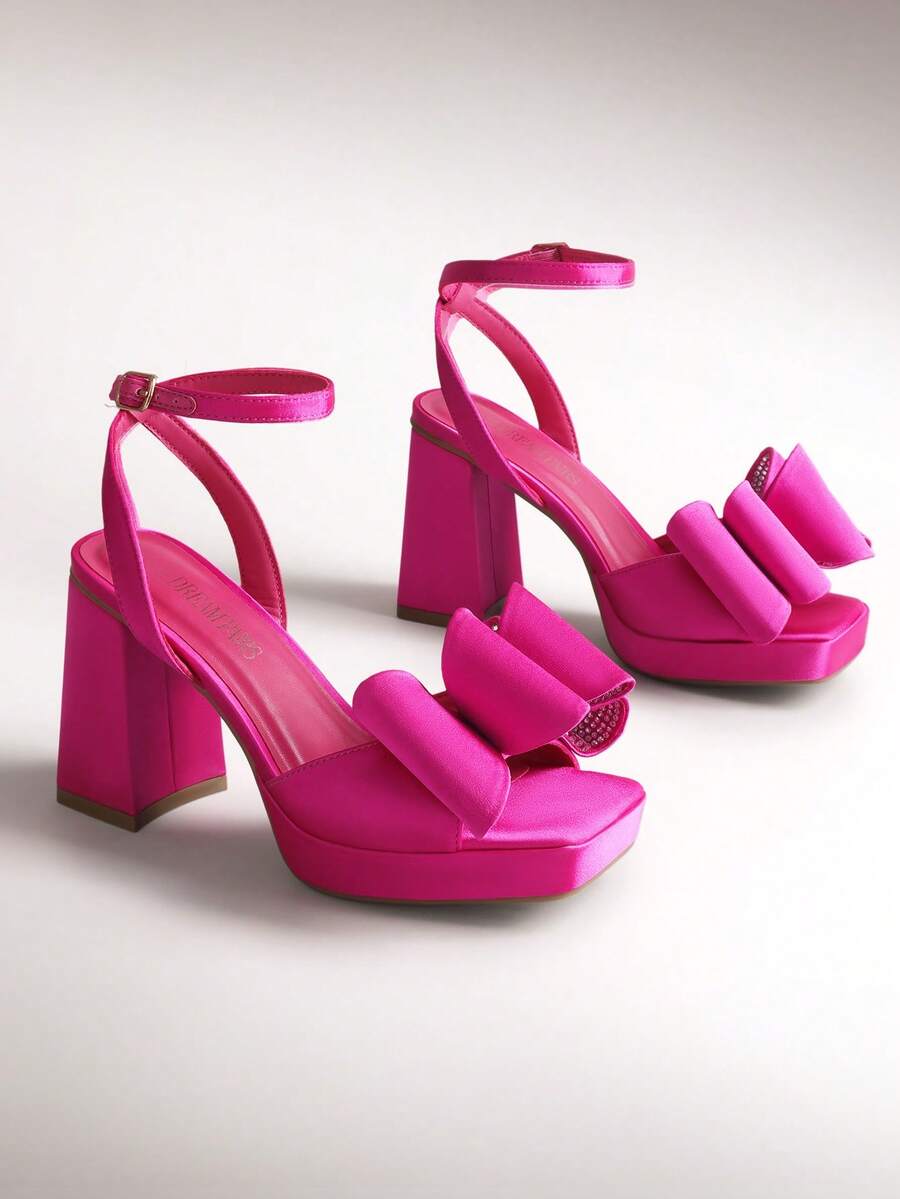 Women Chunky Platform High Heeled Sandals, Fashion Bow Knot Ankle Strap Heeled Sandals, Open Square Toe Summer Sandals For Prom, Party, Wedding - Hot Pink - View 1