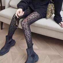 1pc Women's Black Leopard Print Mesh Stockings, Punk Style, Streetwear, Cool Girls' Leggings - 豹紋絲襪 - 查看 4
