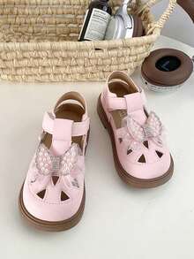 1双夏季新款女童凉鞋，包头设计，带刺绣蝴蝶结，公主鞋，软底，防滑设计，包头，适合婴幼儿 - 粉色 - 查看 6