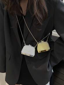 亮金色斜挎包，迷你贝壳包，口红耳机收纳袋，零钱包，链条包，适合派对和宴会场合 - 銀色 - 查看 2