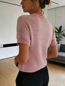 Women's Solid Color Round Neck Casual Versatile Daily Wear Knit Short Sleeve Top Pink Summer - Pink - View 2