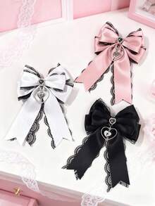 1pc Rhinestone Heart Lace Bow Hair Clip, Women Hairpin Accessory - Multicolor - View 6